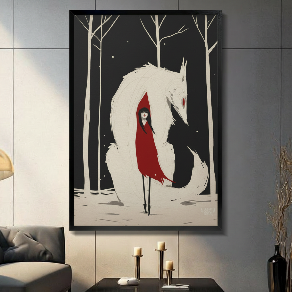Framed canvas wall art of a red-cloaked girl standing before a giant white wolf in a snowy winter forest, displayed in a dark modern living room