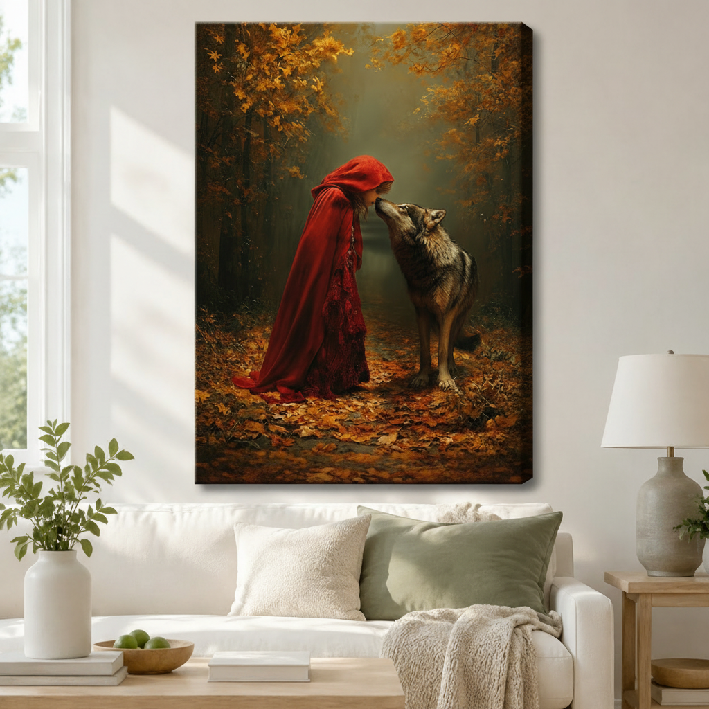 Stretched canvas wall art depicting Red Riding Hood and a wolf sharing an intimate moment on a golden autumn forest path, hung above a white sofa in a cozy living room
