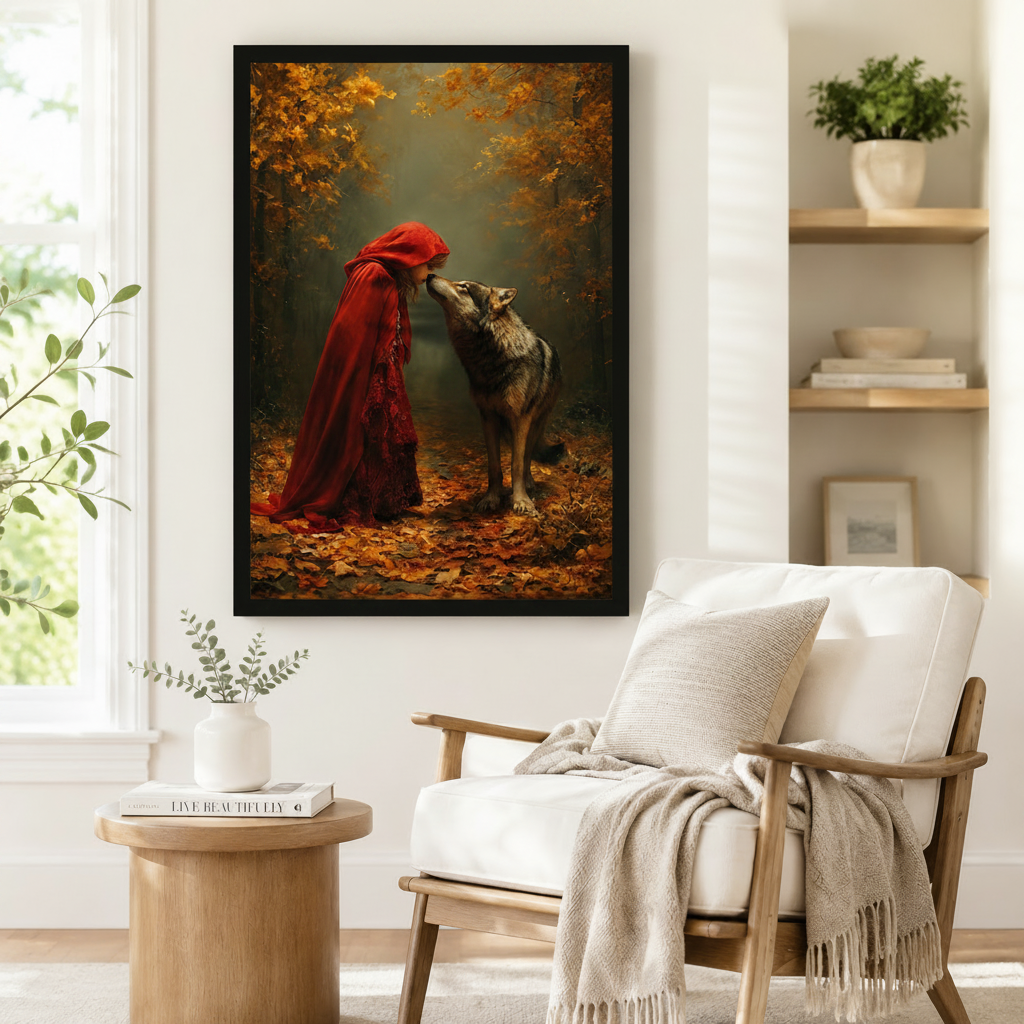 Dark fantasy framed art print showing a woman in a flowing red cloak leaning toward a grey wolf amid fallen autumn leaves, styled beside a linen armchair in a reading nook