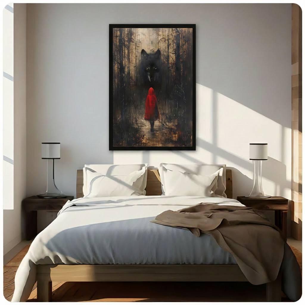 Dramatic framed wall art of Red Riding Hood and a giant black wolf in a dark forest, displayed above a bed in a sunlit minimalist bedroom