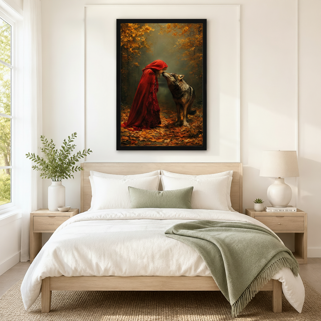 Framed dark fantasy wall art of Red Riding Hood in a red cloak meeting a wolf on a leaf-covered forest floor, displayed above a neutral linen bed in a serene Scandinavian bedroom