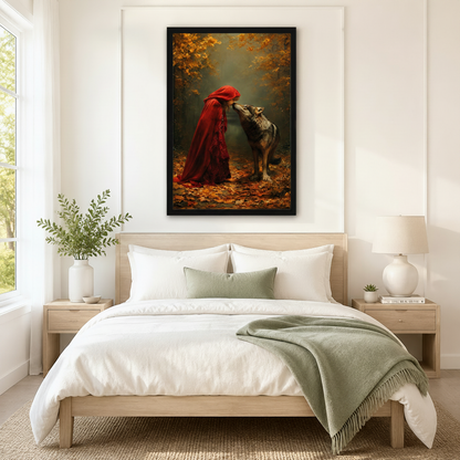 Framed dark fantasy wall art of Red Riding Hood in a red cloak meeting a wolf on a leaf-covered forest floor, displayed above a neutral linen bed in a serene Scandinavian bedroom