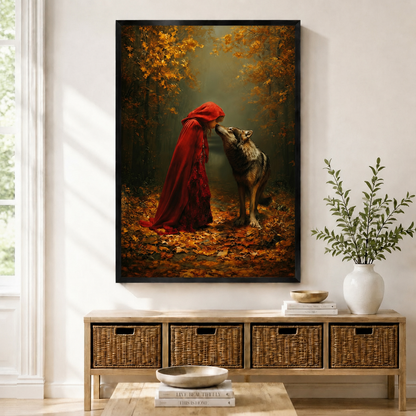 Framed fantasy wall art print of Red Riding Hood in a crimson cloak facing a wolf in an autumn forest, displayed above a wicker console in a bright entryway