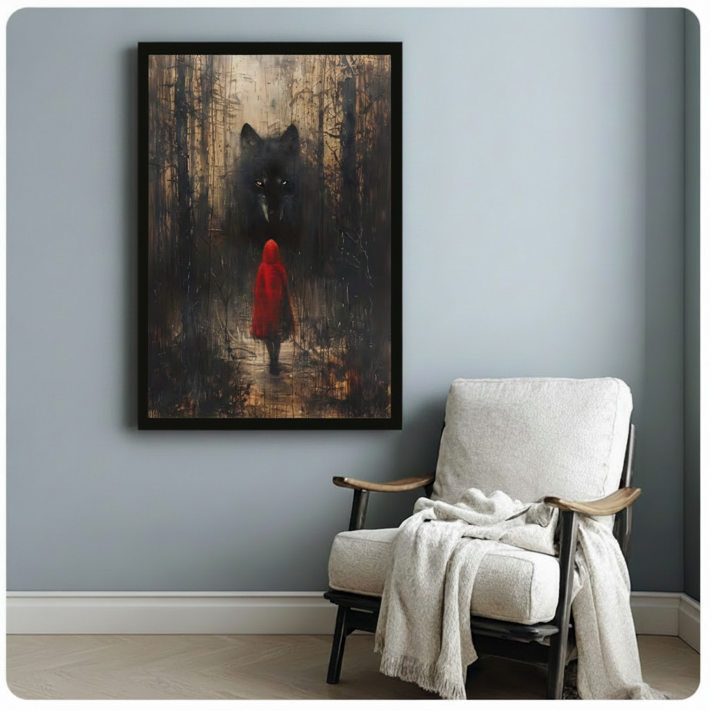 Gothic fairy tale framed poster of a red-cloaked figure and black wolf in a dark enchanted forest, hung above a cozy reading chair