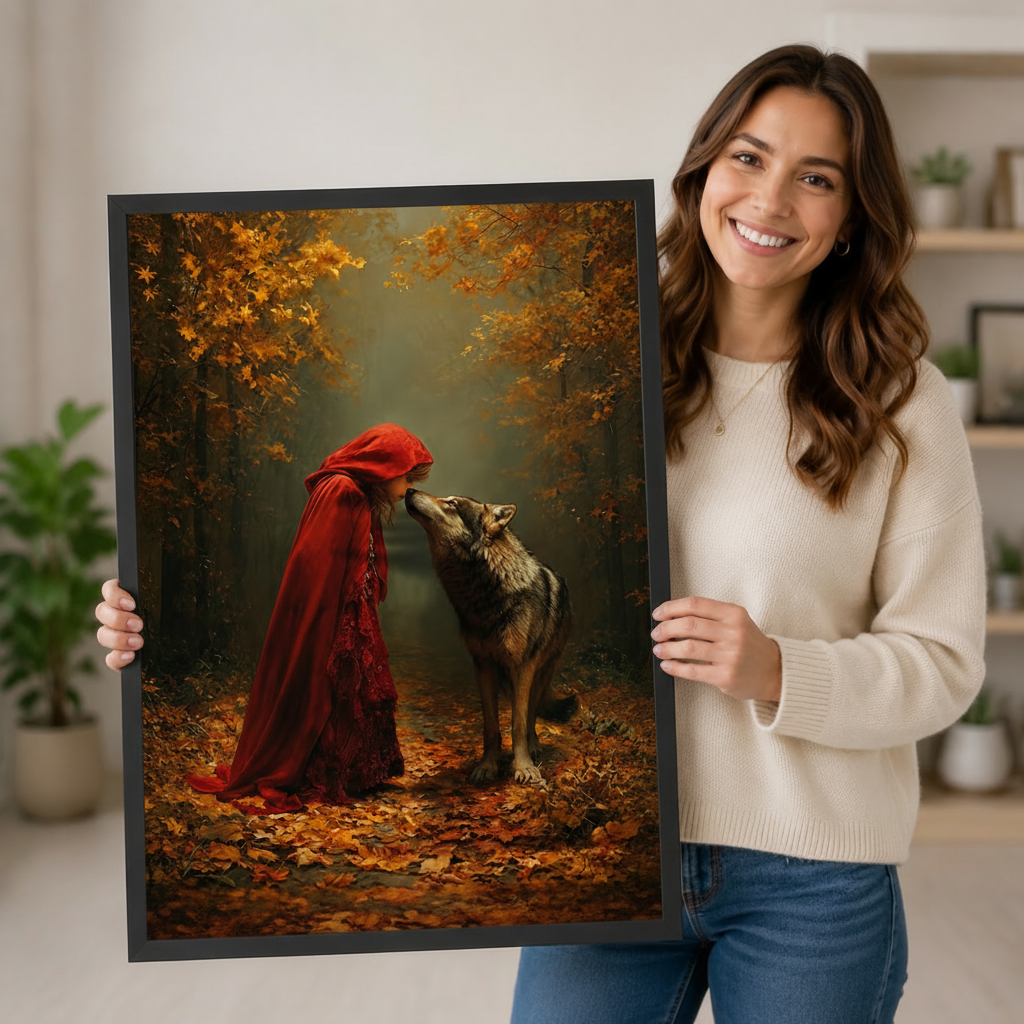Woman holding a large framed fantasy wall art print of Red Riding Hood and a wolf in an enchanted autumn woodland, showing black frame finish and print scale