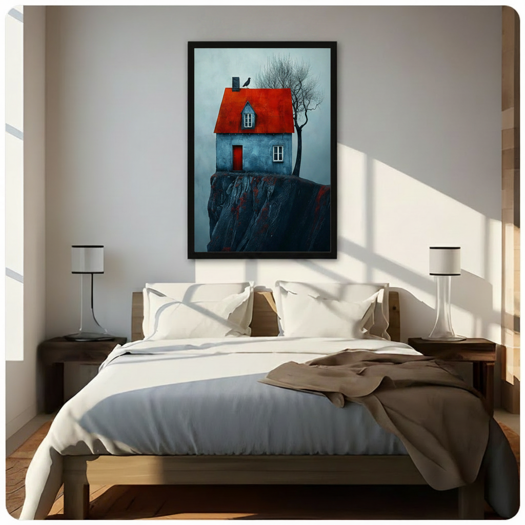 Red roof cliff house canvas print in a black frame, styled above a sunlit bed for modern home decor.