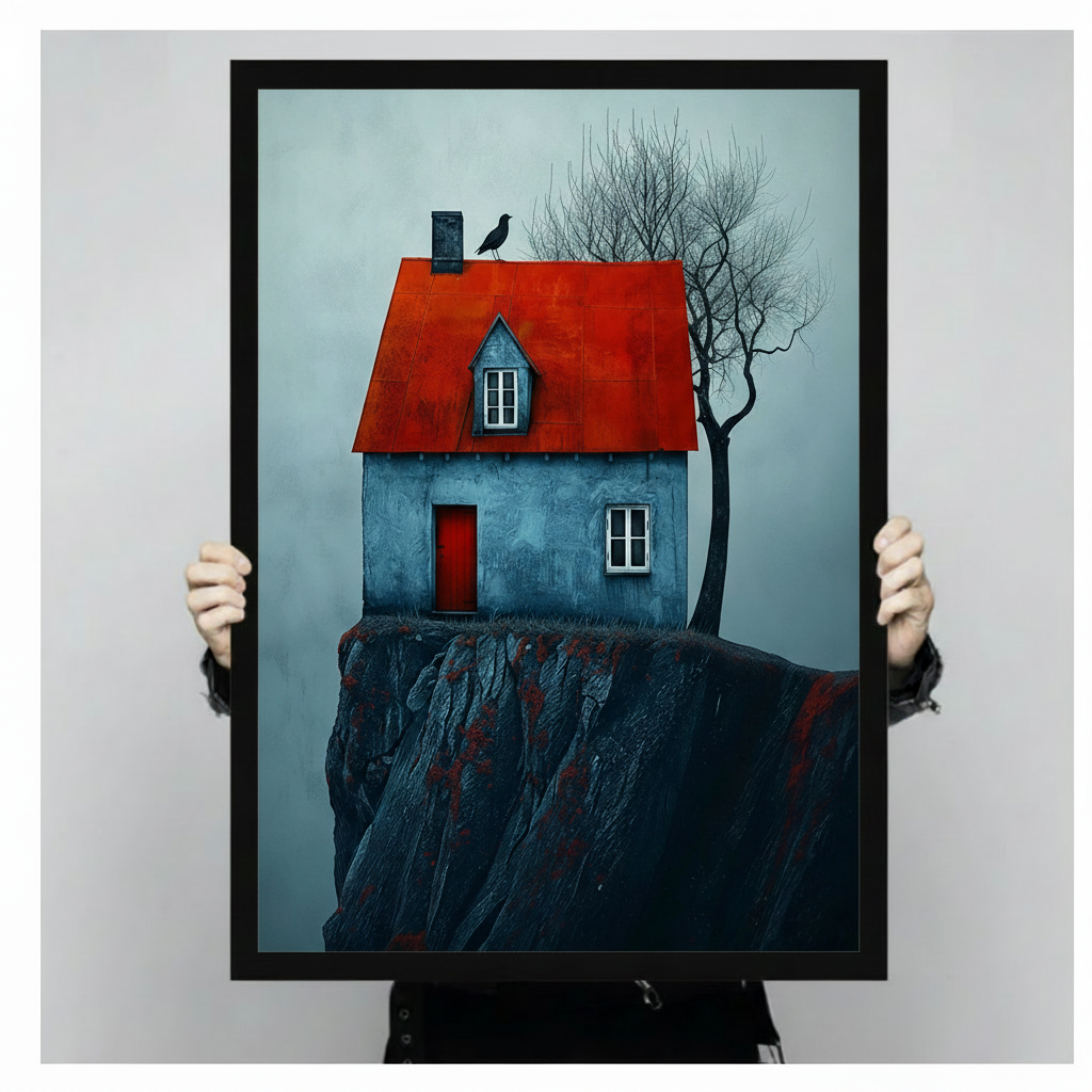 Framed red roof cliff house wall art held by hands, showcasing the blue cottage and dramatic dark cliff landscape.