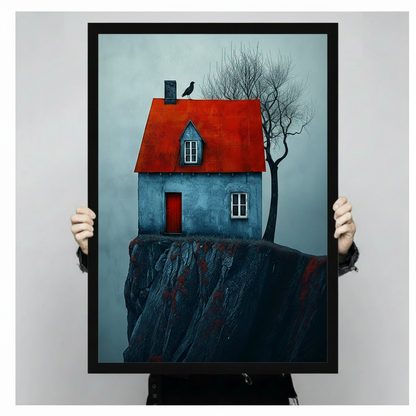 Framed red roof cliff house wall art held by hands, showcasing the blue cottage and dramatic dark cliff landscape.