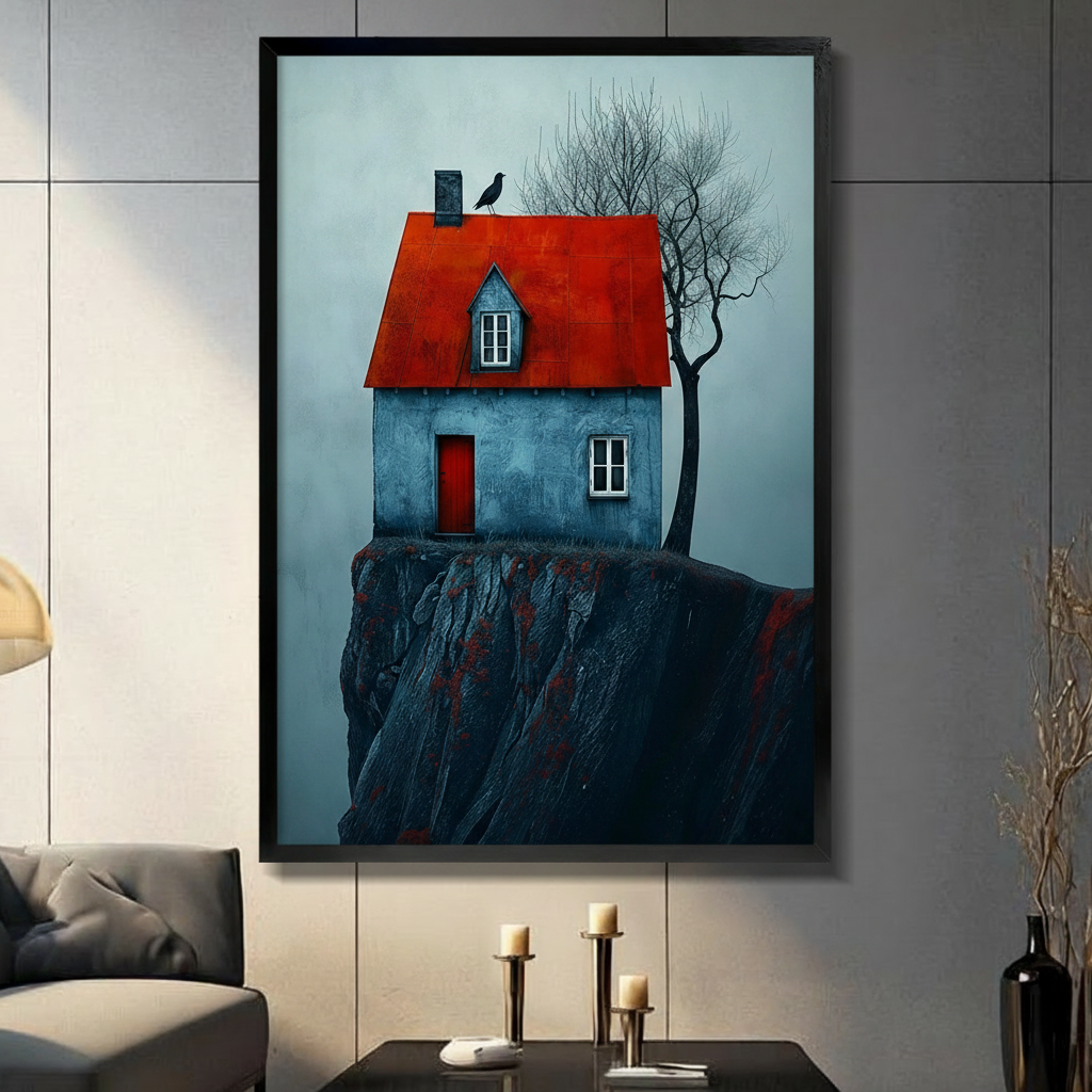 Red roof cliff house canvas wall art displayed above a modern bed in a bright contemporary bedroom.