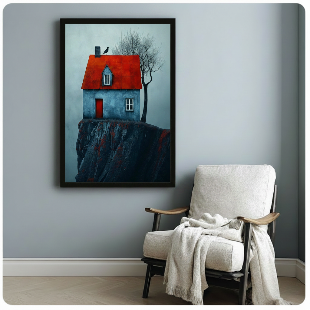 Modern cliff house wall art with blue tones and a red roof, creating a focal point beside a lounge chair.