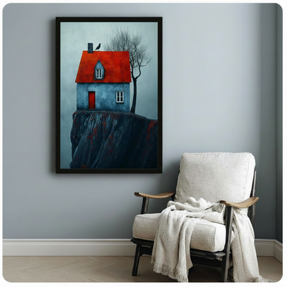 Modern cliff house wall art with blue tones and a red roof, creating a focal point beside a lounge chair.