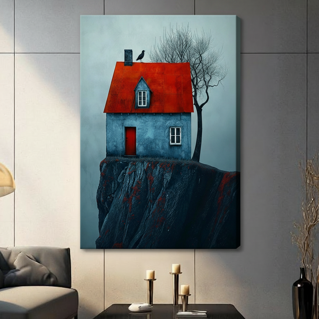 Stretched canvas wall art featuring a blue cliffside cottage, vivid red roof, bare tree, and perched bird.
