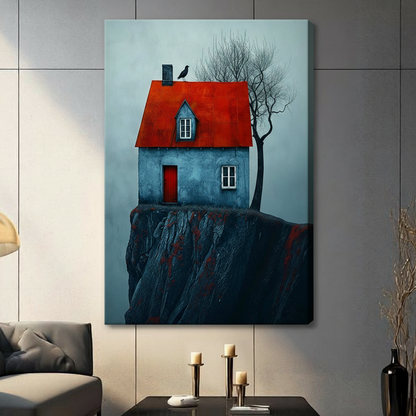 Stretched canvas wall art featuring a blue cliffside cottage, vivid red roof, bare tree, and perched bird.