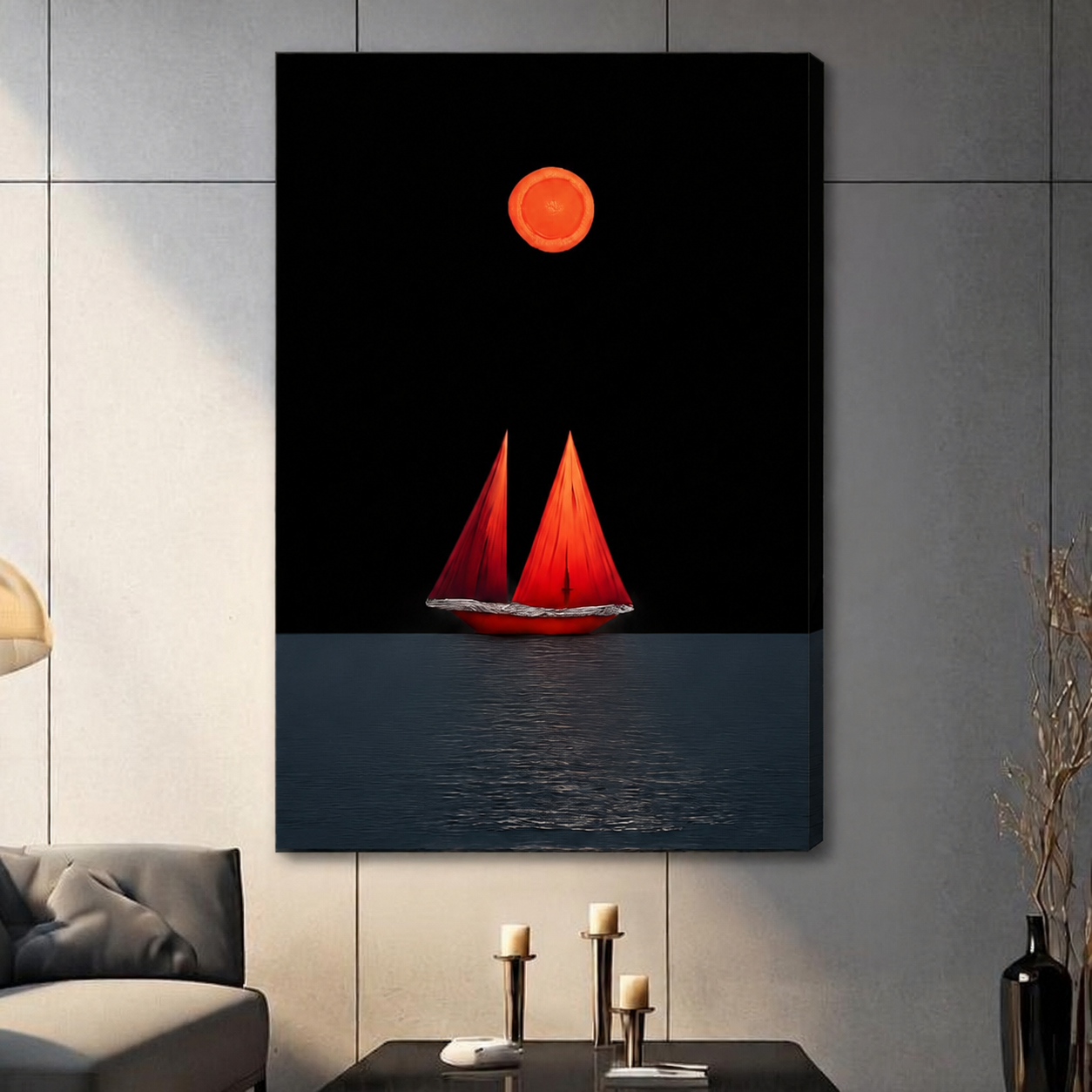 Stretched canvas print of a bold red sailing boat beneath a vivid orange moon on a dark navy ocean with shimmering reflection, gallery-wrapped and hung in a contemporary grey living space