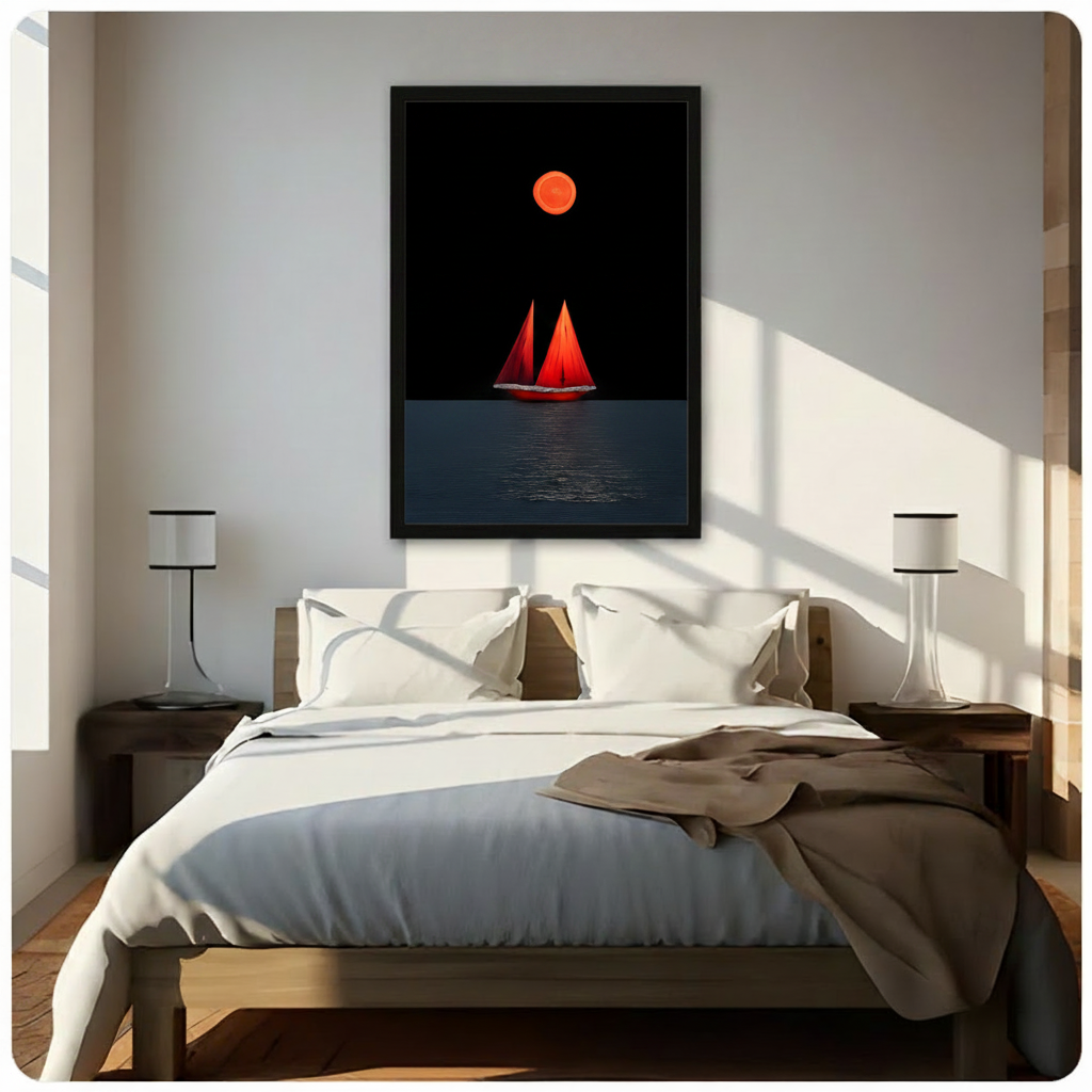 Framed minimalist red sailboat and orange moon canvas art displayed above a bed in a bright modern bedroom with warm wood furniture and white bedding — dramatic nautical night sea wall decor