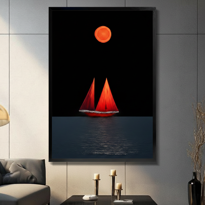 Framed canvas wall art of a minimalist red sailboat with glowing orange moon on a pitch-black night sea, displayed on a grey tile wall above a console table with candles in a modern living room