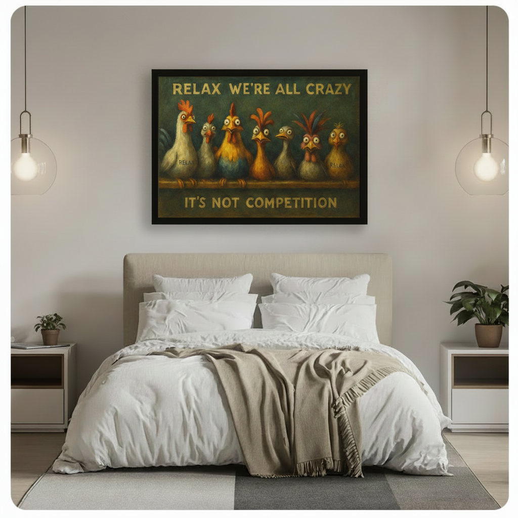 Framed crazy chicken quote canvas wall art hung above a white linen bed in a bright minimalist bedroom with pendant lighting