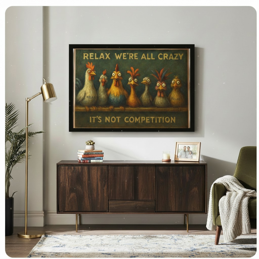 "Relax We're All Crazy It's Not Competition" framed chicken canvas print displayed above a dark wood sideboard in a warm eclectic American living room