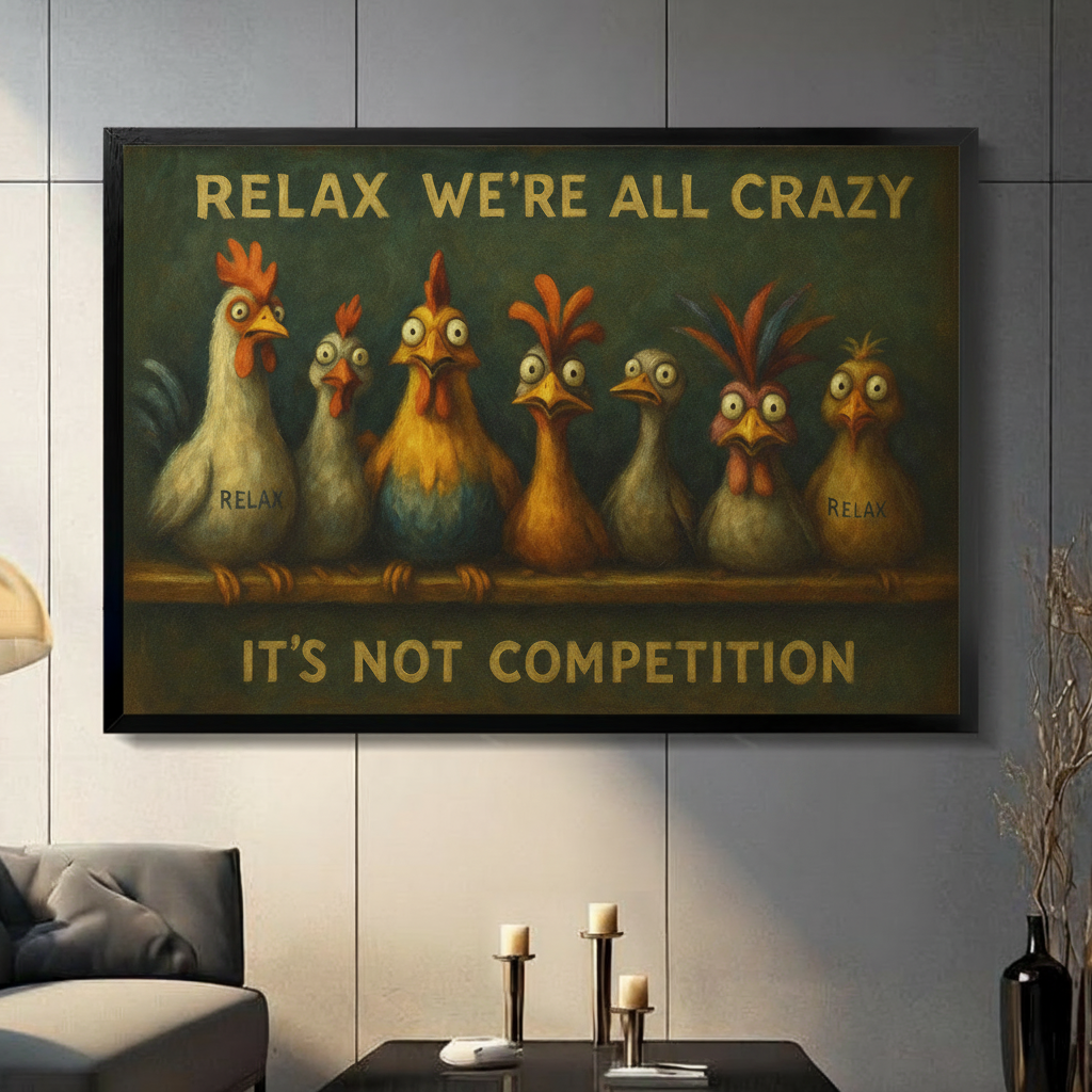 Framed canvas wall art featuring six funny cartoon chickens with the quote "Relax We're All Crazy It's Not Competition" displayed on a grey wall above a modern sofa