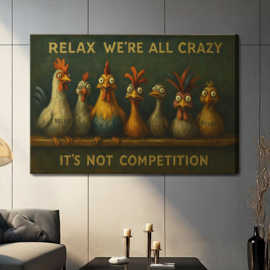 Gallery-wrapped stretched canvas of humorous crazy chicken quote print hung on grey wall in contemporary living room with candlestick decor