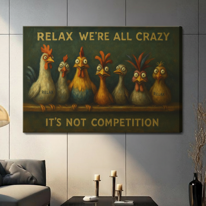 Gallery-wrapped stretched canvas of humorous crazy chicken quote print hung on grey wall in contemporary living room with candlestick decor