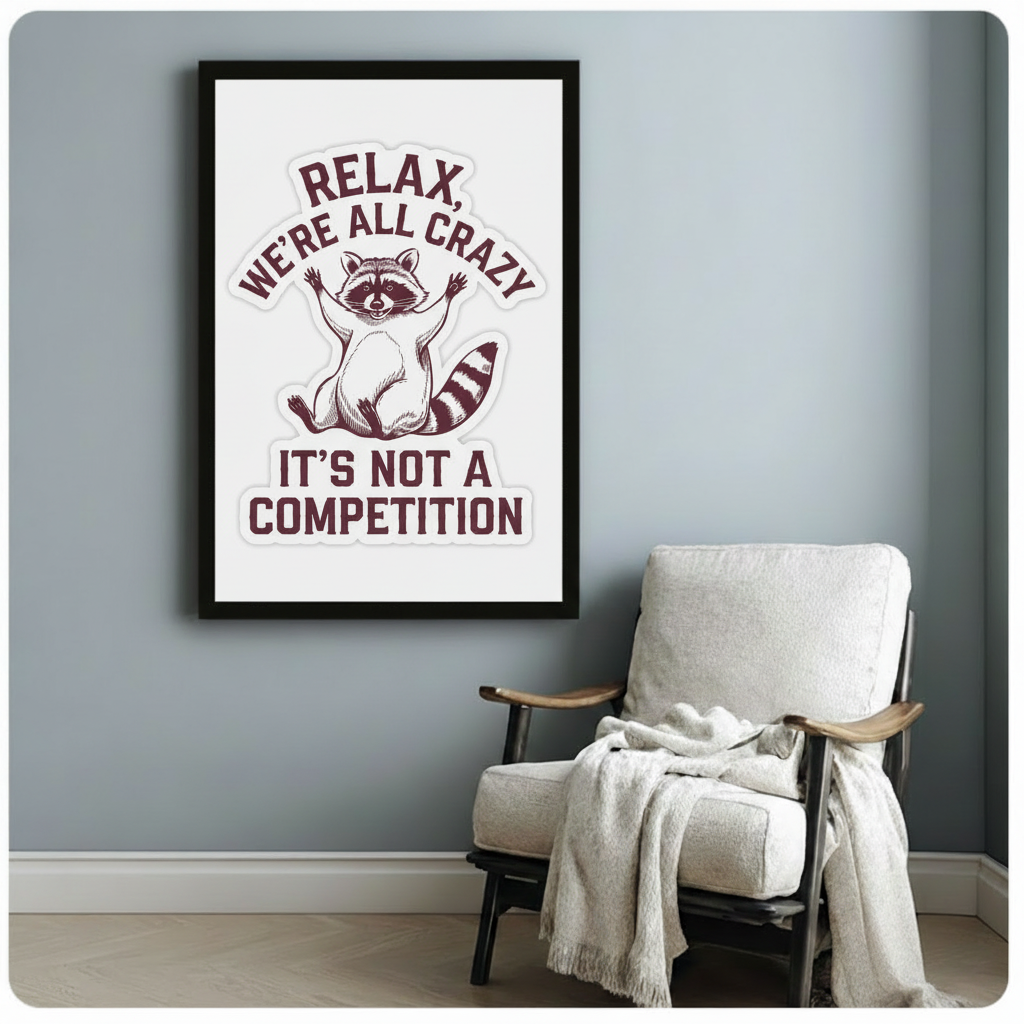 Black framed poster print of a crazy raccoon with funny quote Relax We're All Crazy It's Not A Competition, styled in a minimalist Scandinavian room with a white armchair