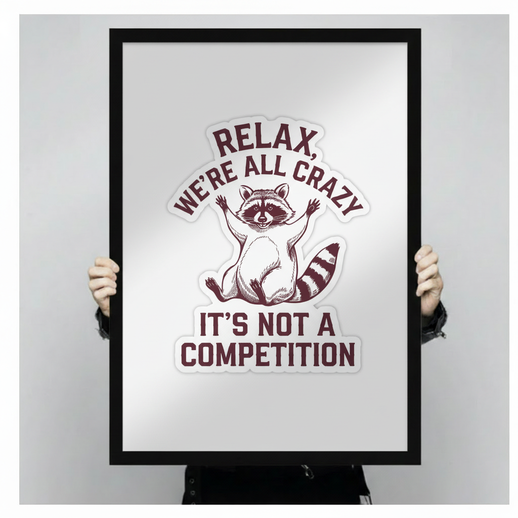 Person holding a black framed art print featuring a raccoon illustration and the humorous quote Relax We're All Crazy It's Not A Competition against a neutral gray background