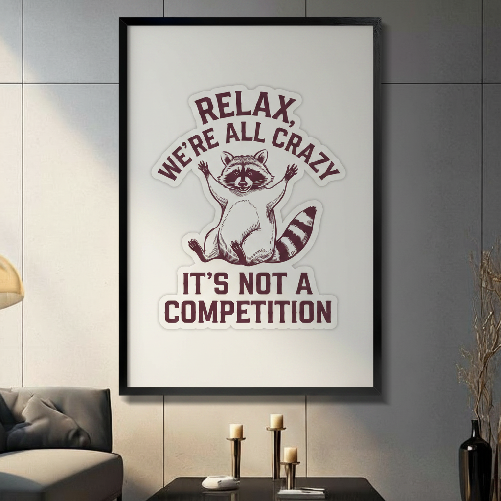 Framed wall art print featuring a funny raccoon illustration with the text Relax We're All Crazy It's Not A Competition, displayed in a modern living room above a console table