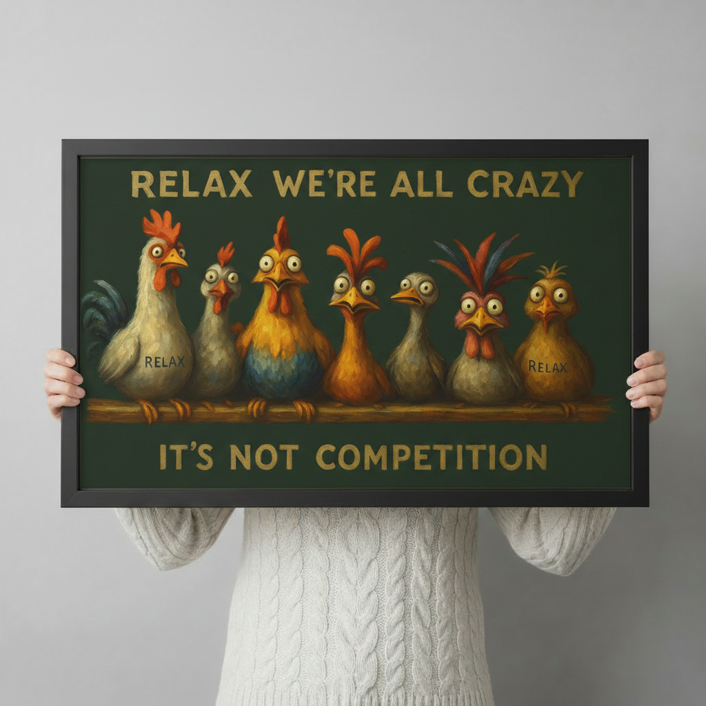 Close-up of black framed "Relax We're All Crazy It's Not Competition" funny chicken canvas print held by two hands against neutral background
