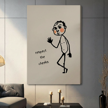 Gallery wrap stretched canvas of a minimalist black line art walking figure with pink blushed cheeks and handwritten Respect the Cheeks humor quote hung frameless on a dark gray wall above a black coffee table with candlesticks