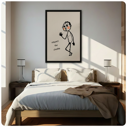 Black framed humorous Respect the Cheeks minimalist stick figure canvas wall art with warm beige background hung above a dark wood bed with white and beige linen bedding in a sunlit Scandinavian style bedroom with white table lamps