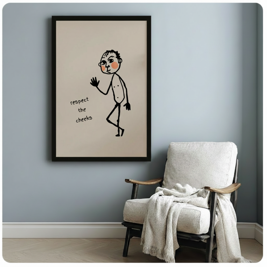 Black framed witty Respect the Cheeks bathroom humor canvas print with minimalist nude stick figure and rosy cheeks on warm beige background hung on a soft blue-gray wall beside a white upholstered folding chair with cream throw