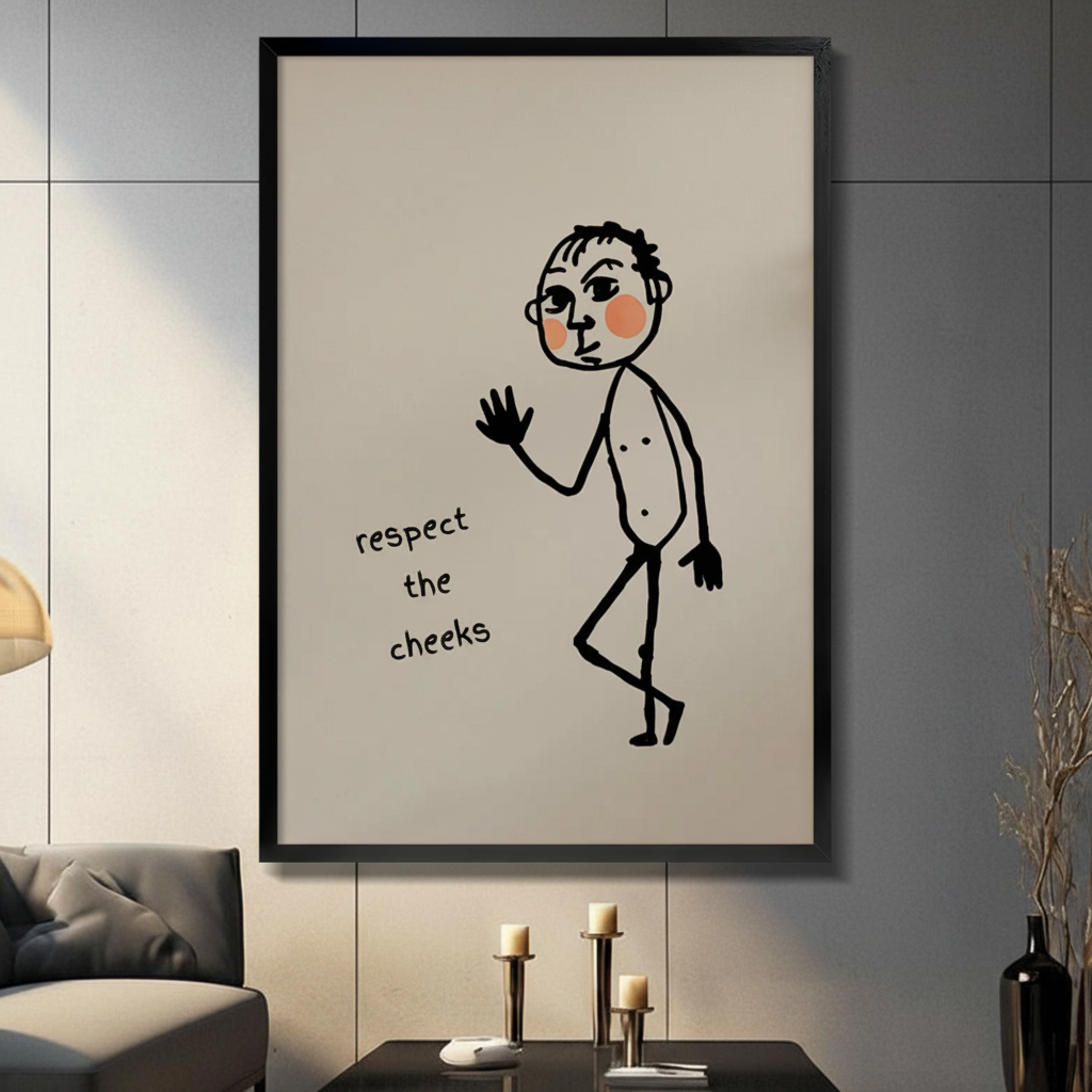 Black framed Respect the Cheeks funny minimalist stick figure canvas wall art with black line drawing nude character and rosy cheeks on beige background displayed in a modern dark gray living room with charcoal sofa and candlesticks