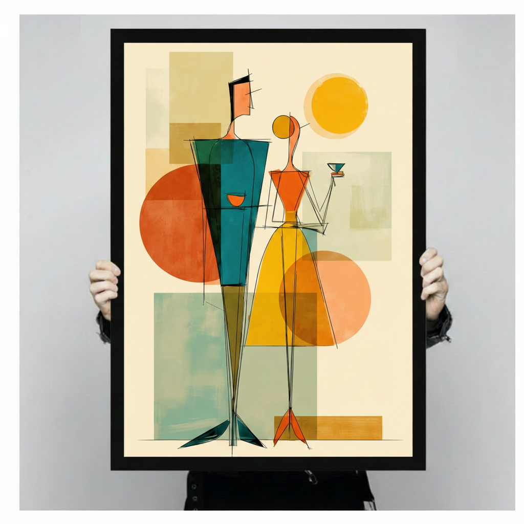 Person holding a large black framed retro abstract couple with martini glass art print showing print size scale with teal orange and yellow geometric background detail