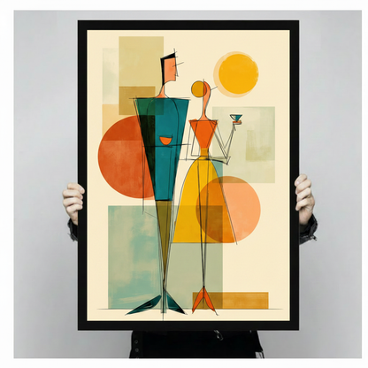 Person holding a large black framed retro abstract couple with martini glass art print showing print size scale with teal orange and yellow geometric background detail