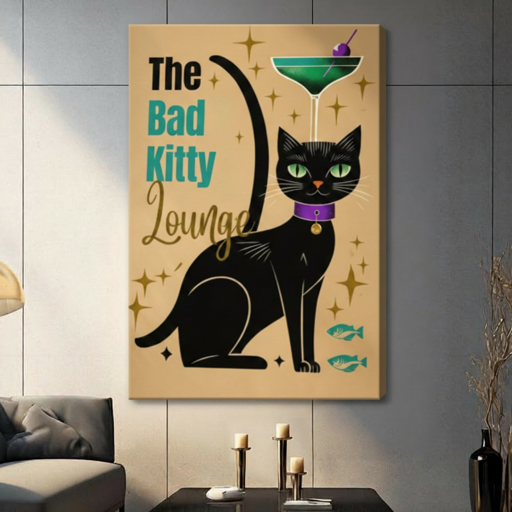 Stretched canvas wall art of a 1950s-style bad kitty lounge poster featuring a sophisticated black cat with glowing green eyes and a purple collar topped with a green olive martini glass, surrounded by gold four-pointed stars and teal fish silhouettes on a warm golden tan background, hung on a dark gray tile wall beside a modern charcoal sofa