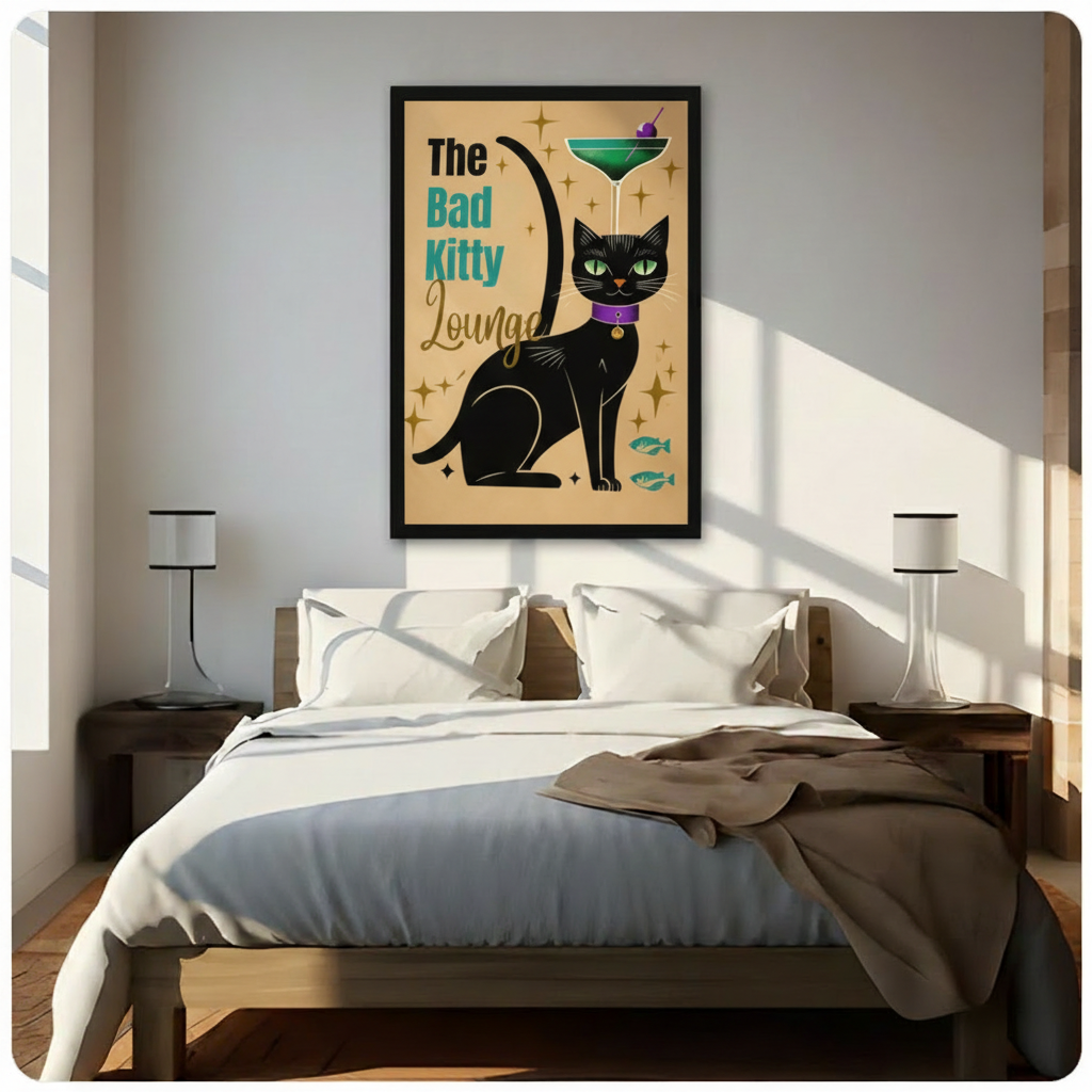Black framed mid-century retro bad kitty lounge black cat cocktail canvas art with a sophisticated green-eyed cat topped with a green martini glass, teal and gold typography, and fish icon details on a warm golden background, hung above a wooden bed frame in a sun-drenched minimalist bedroom with crisp white linen bedding and matching cylindrical nightstand lamps