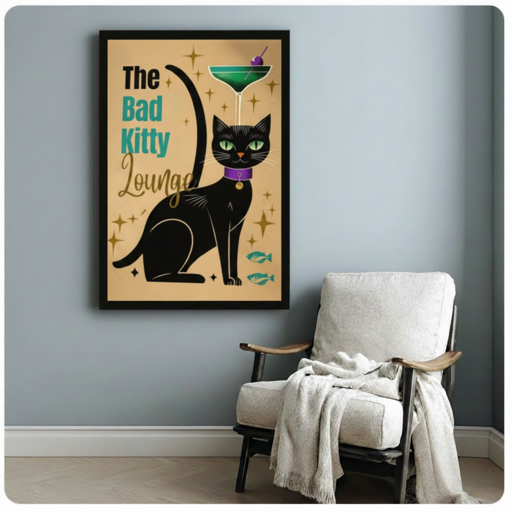 Black framed vintage bad kitty lounge cocktail cat canvas art with a stylish black cat balancing a green martini on its head, teal script lounge lettering, gold starburst details, and two small fish icons on a sandy tan background, displayed on a soft blue-gray wall beside a white upholstered folding armchair draped with a cream linen throw blanket