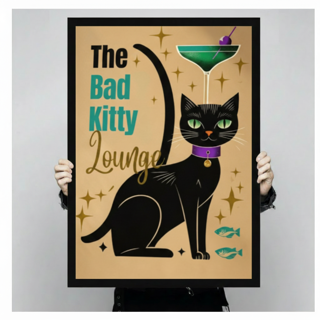 Person holding a large black framed retro bad kitty lounge canvas art print showing a sleek green-eyed black cat with a purple collar and gold pendant balancing a green olive martini cocktail glass on its head, with gold star accents and teal fish icons on a warm sandy background against a light gray studio backdrop