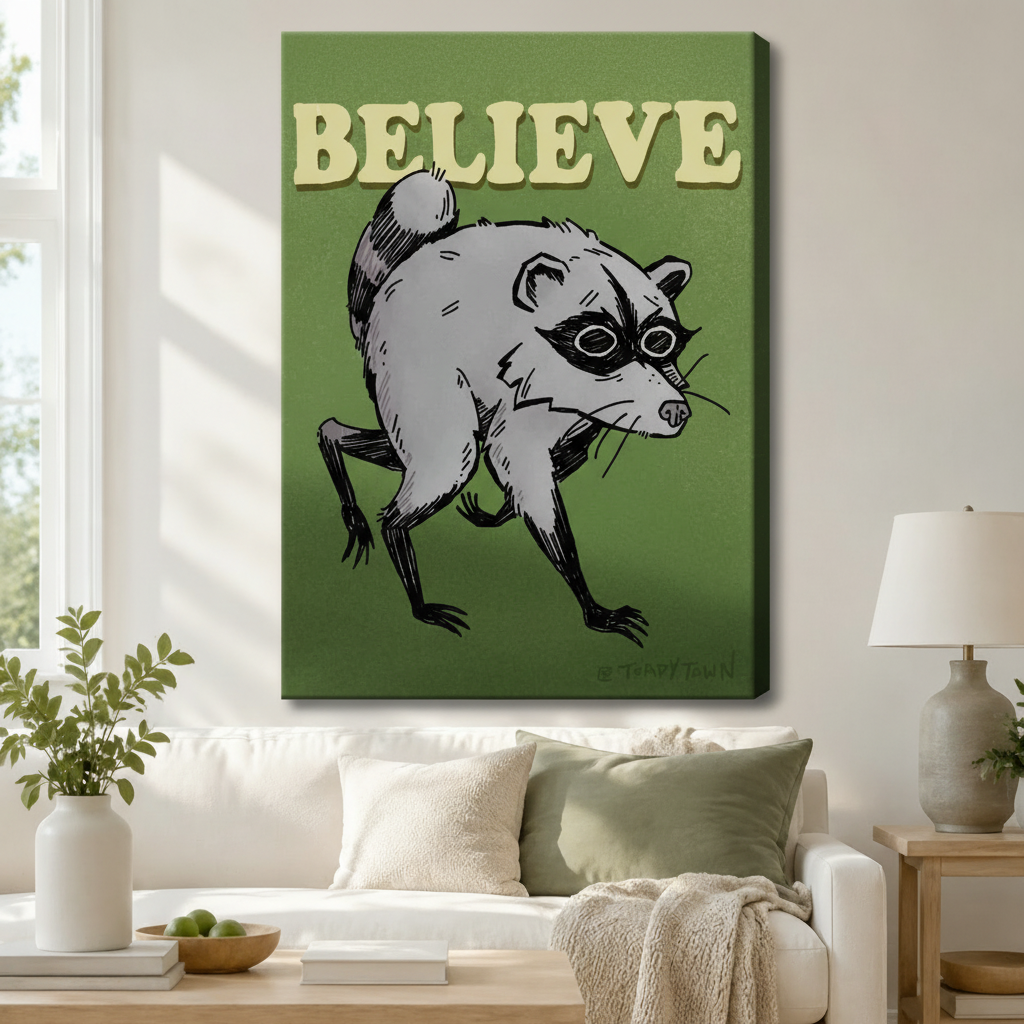 Stretched canvas retro funny Believe raccoon wall art featuring a sketchy gray raccoon with a black eye mask in a low crouching stance with bold cream Believe lettering at the top on a deep olive green background, hung above a white sofa with sage green pillows in a bright living room