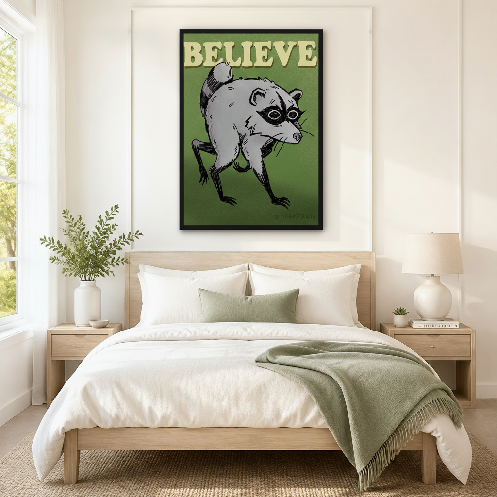 Black framed retro funny Believe raccoon canvas art with a scruffy gray raccoon with a black eye mask in a low menacing crouch and bold cream Believe lettering on a deep olive green background, hung above a light wood bed with white linen bedding and a sage green throw in a serene Scandinavian bedroom