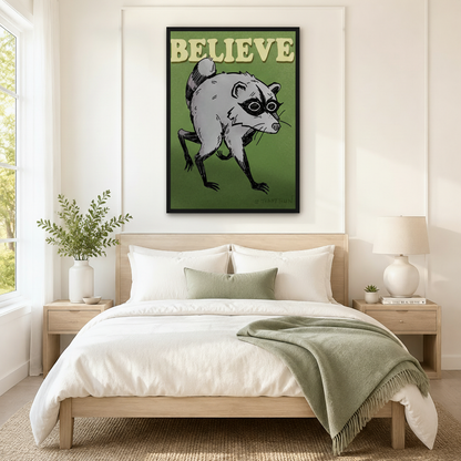 Black framed retro funny Believe raccoon canvas art with a scruffy gray raccoon with a black eye mask in a low menacing crouch and bold cream Believe lettering on a deep olive green background, hung above a light wood bed with white linen bedding and a sage green throw in a serene Scandinavian bedroom