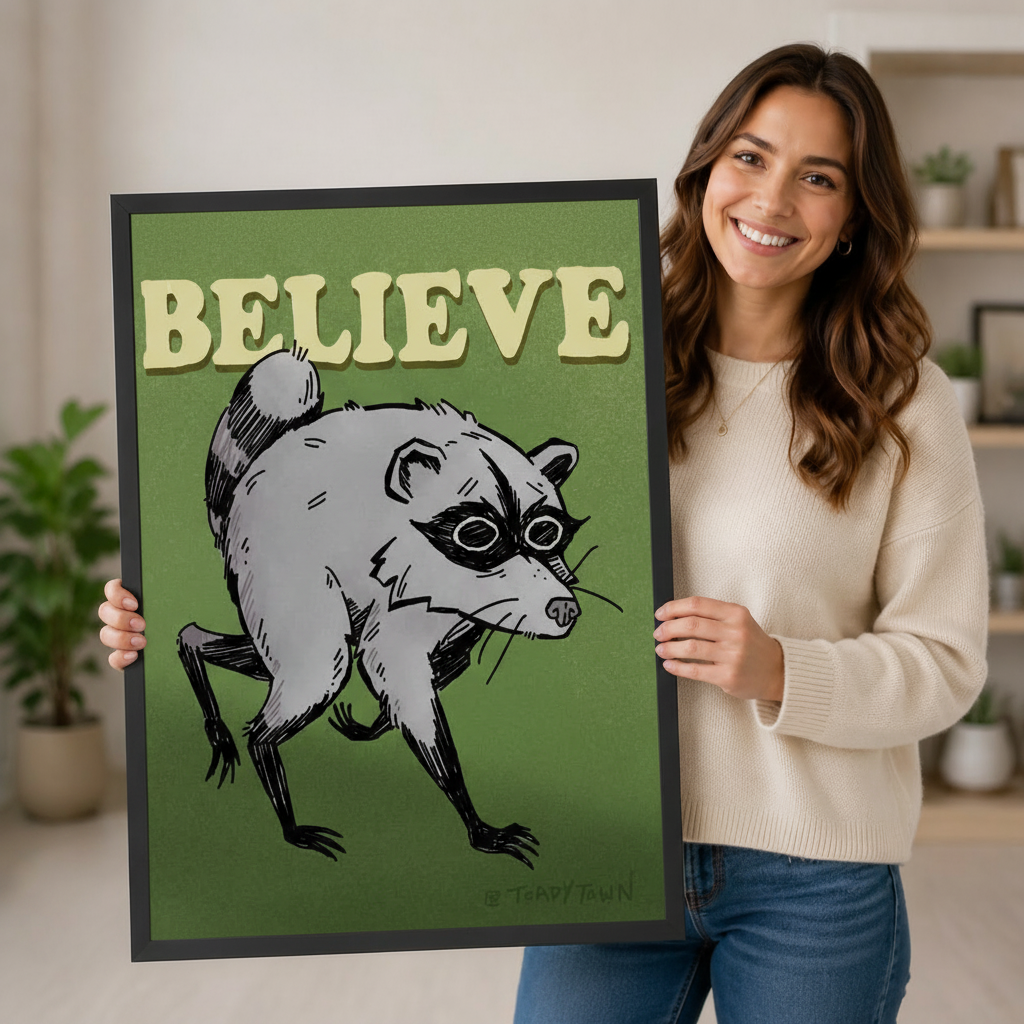 Smiling woman in a cream sweater holding a large black framed retro funny Believe raccoon canvas art print with a grumpy gray raccoon with a black mask crouching under bold cream Believe lettering on a deep olive green background