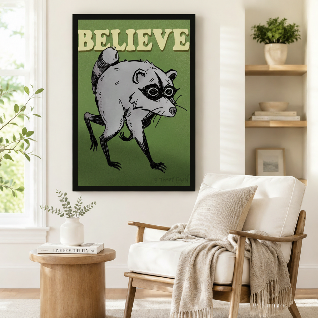 Black framed retro funny Believe raccoon canvas art showing a scruffy gray raccoon with a black mask crouching with clawed feet and a grumpy expression under bold cream Believe text on a rich olive green background, displayed beside a white linen armchair in a cozy reading nook