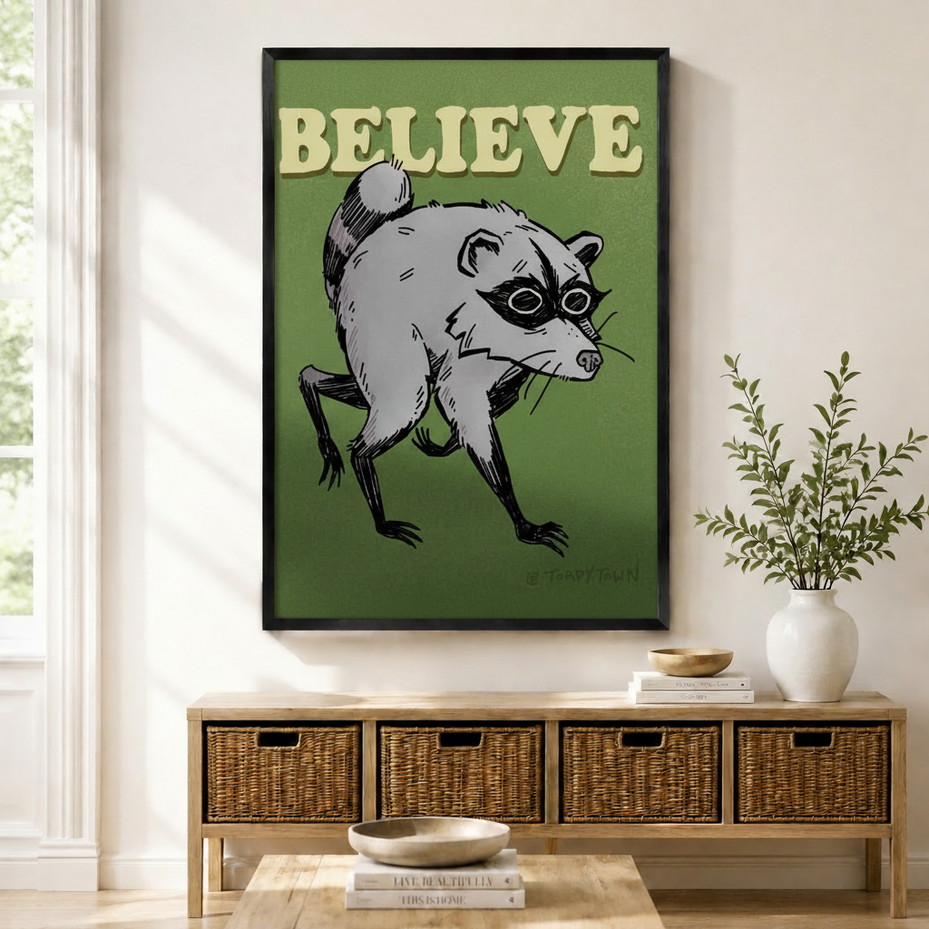 Black framed retro funny Believe raccoon canvas art with a grumpy gray raccoon with black eye mask crouching in a menacing pose and bold cream Believe lettering on a deep olive green background, displayed above a rattan storage console in a bright entryway
