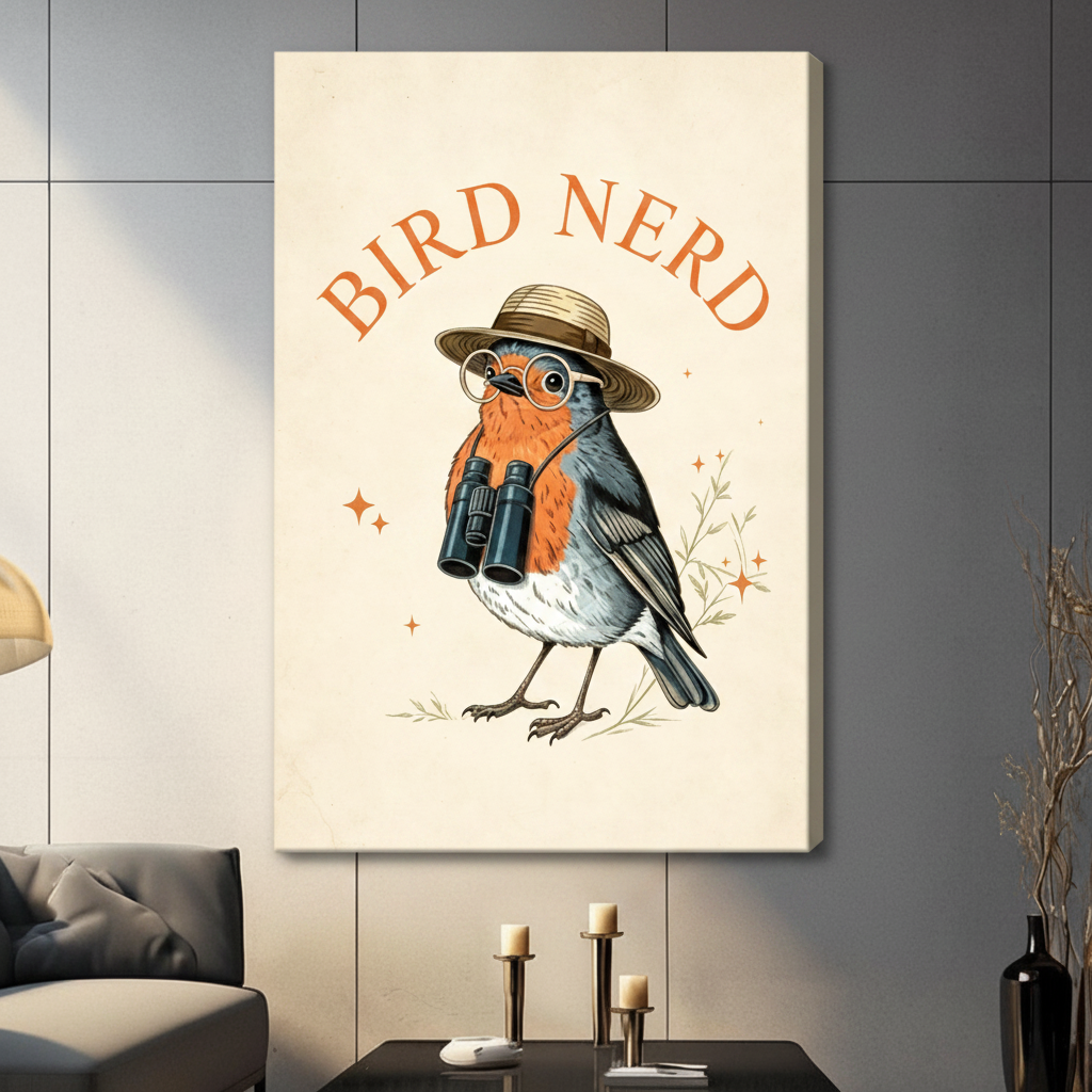 Vintage illustration Bird Nerd European robin wearing straw hat and round glasses with binoculars canvas wall art print hanging in a contemporary living room with dark gray tiled wall and gray sofa