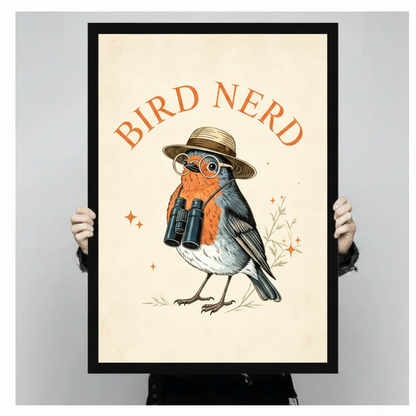 Funny retro Bird Nerd robin illustration with straw boater hat, round spectacles, and binoculars framed wall art print held up for size reference against a light gray neutral background