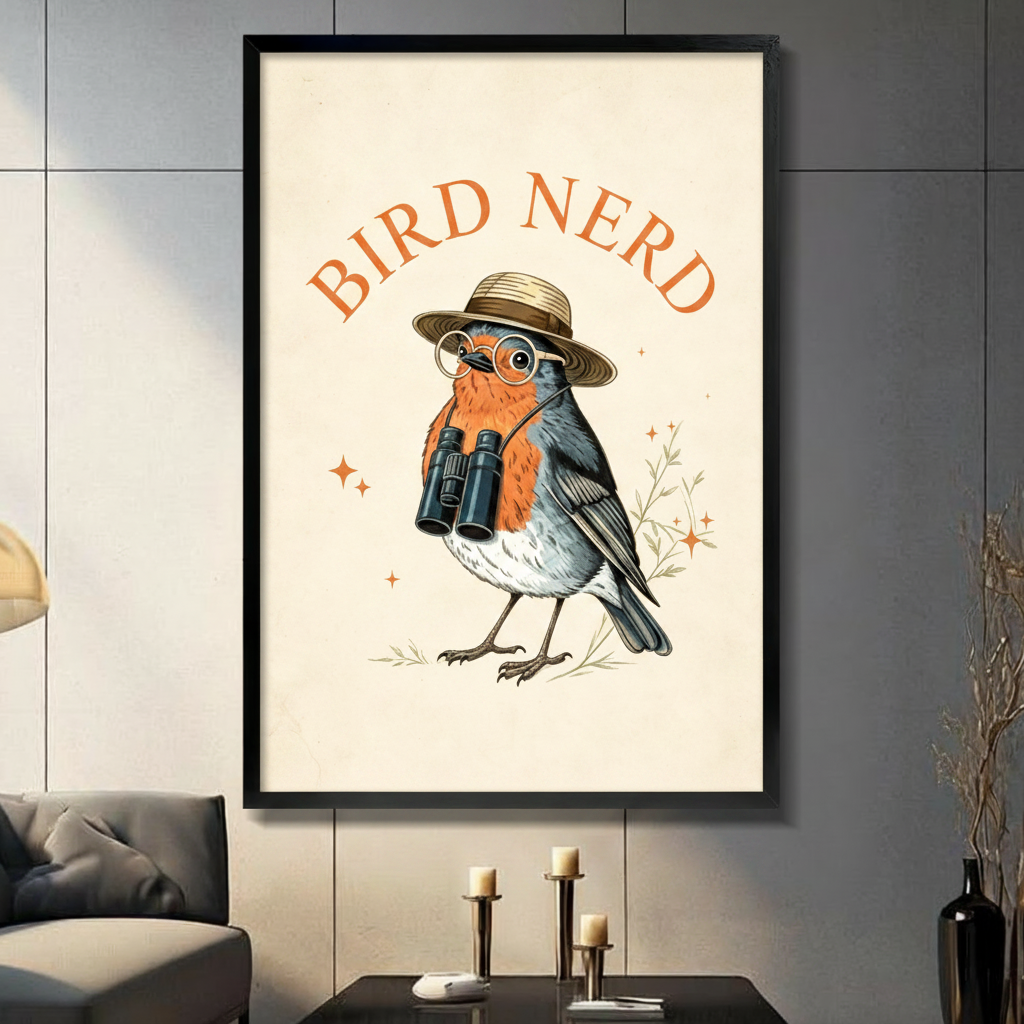 Retro Bird Nerd robin with straw hat, round glasses, and binoculars framed wall art print displayed in a living room with gray sofa, pillar candle holders, and black decorative vase against dark gray tiled wall