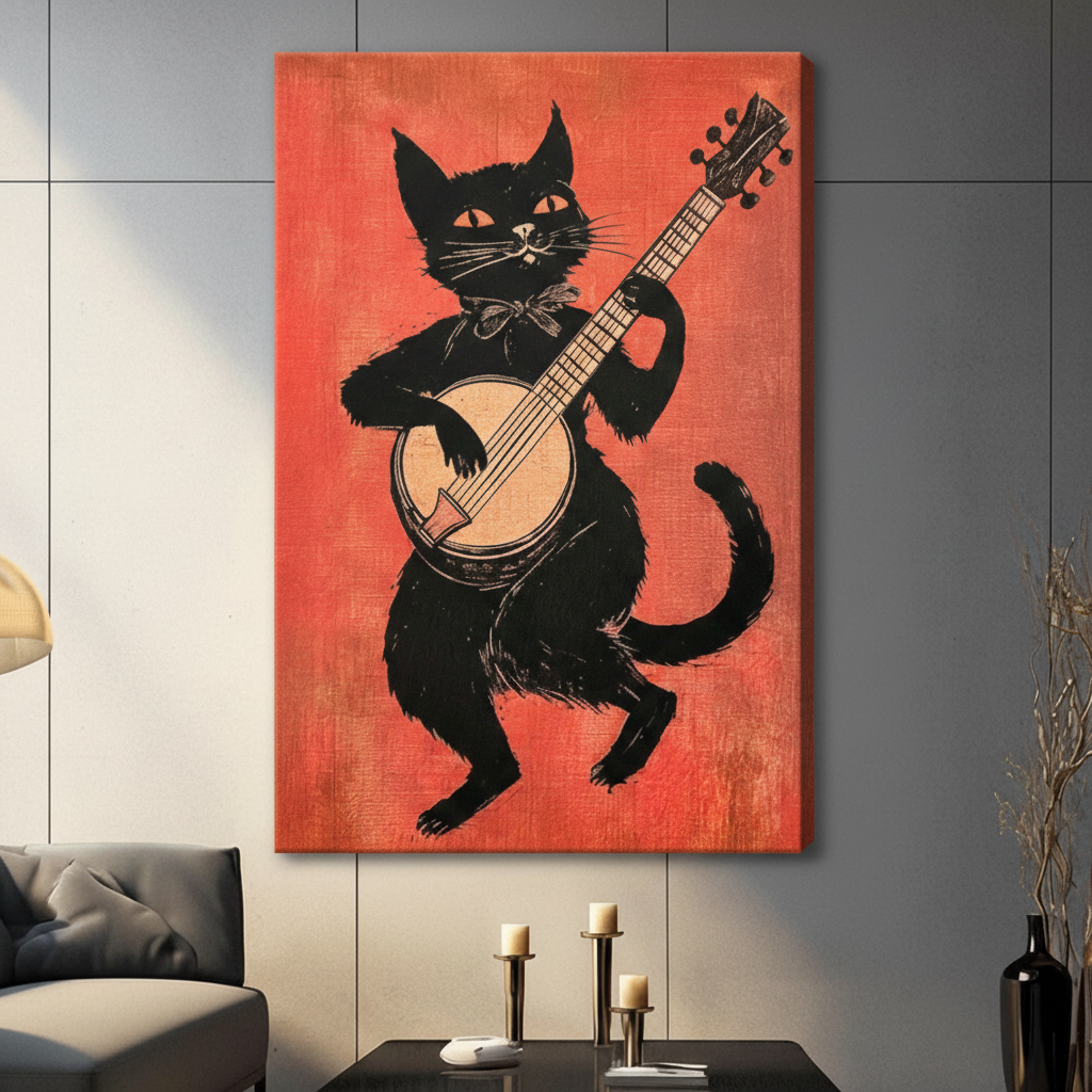 Stretched canvas retro black cat banjo player wall art on orange-red background, vintage folk music linocut illustration in gallery-wrapped canvas for living room