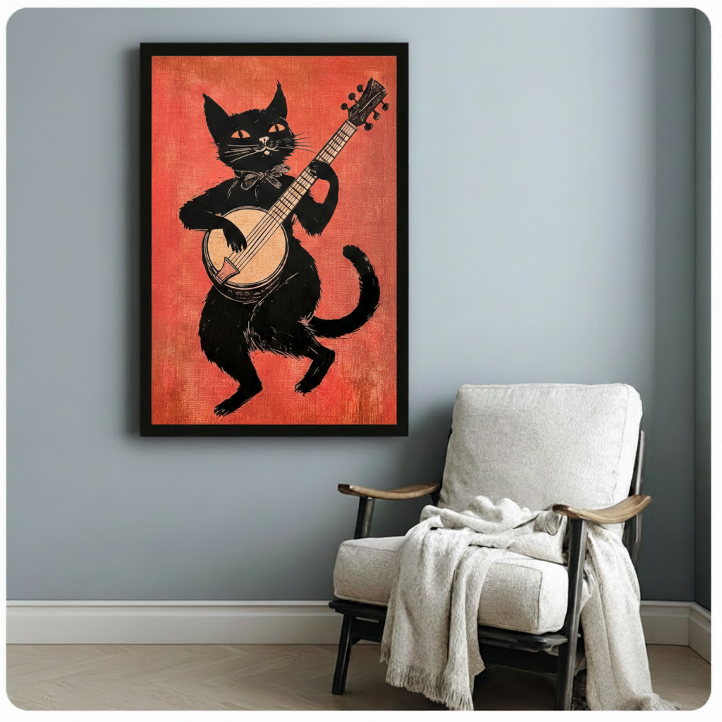 Vintage black cat playing banjo framed art print in black frame on blue-gray wall beside white linen armchair, retro folk music linocut wall decor for reading nook or study